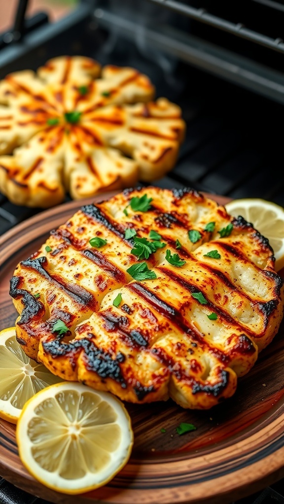 Grilled cauliflower steak garnished with parsley and lemon wedges on a wooden plate.